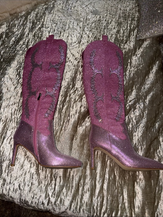 Shoes - Women's Pink Glitter Western High-Heel Boots